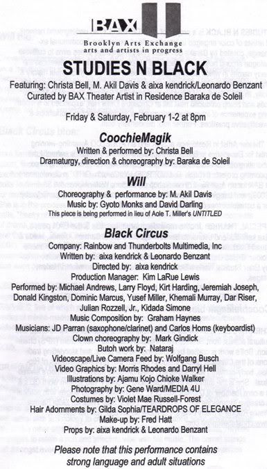 BAX Theater credits for Black Circus; Wolfgang Busch provided videoscape/live camera feed for 'Black Circus.'