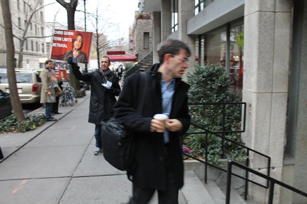 Josh Isay at the Protest Against Christine Quinn at the New School, Josh Isay walks through a picket line of protests against Christine Quinn before the start of a political education forum at the New School.