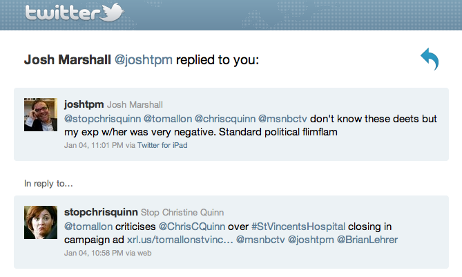 Talking Points Memo Calls Christine Quinn Standard Political Flimflam, Josh Marshall, the editor and publisher of Talking Points Memo, Calls Christine Quinn "standard political flimflam," describing his experience with her as "very negative."