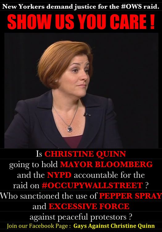 Christine Quinn,Show Us You Care,OWS Raid,NYPD,Pepper Spray,OccupyWallStreet,Zuccotti Park,Liberty Square