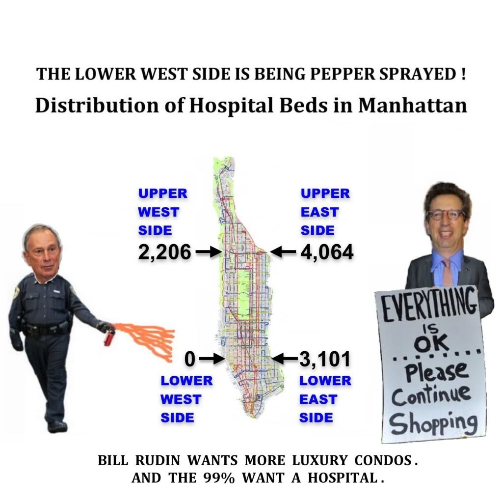 Mike-Bloomberg-William-Rudin-Hospital-Map-St-Vincents, Mike Bloomberg Pepper Spraying St. Vincent's with Bill Rudin holding an Occupy Wall Street Sign.