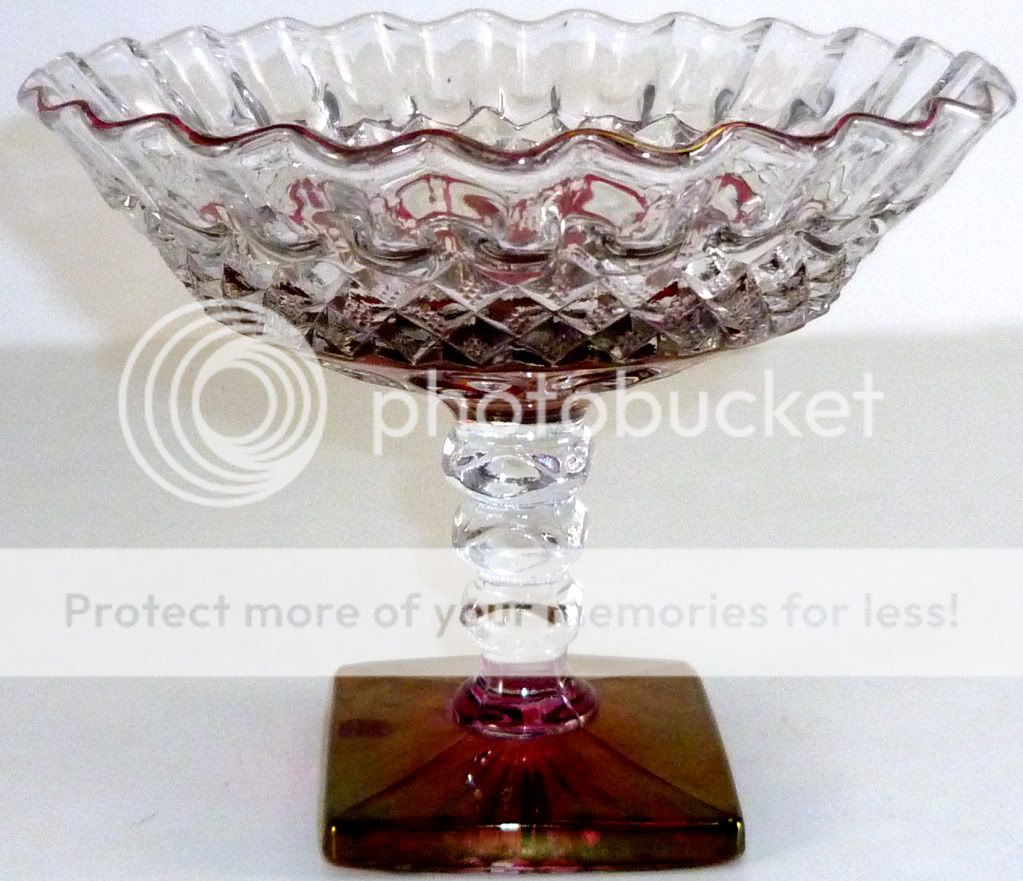Crystal w Ruby Stain Waterford Pattern Crimped Rim Compote